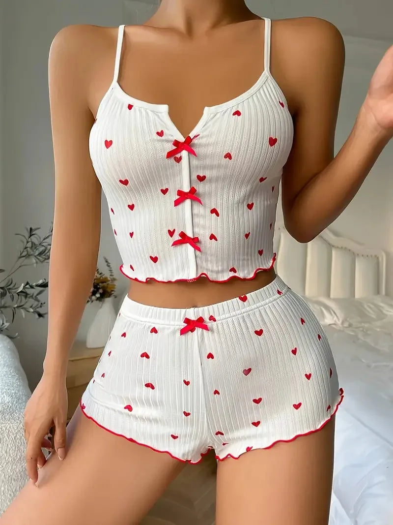 Heart Print Cute Pyjamas Set - Top and Shorts