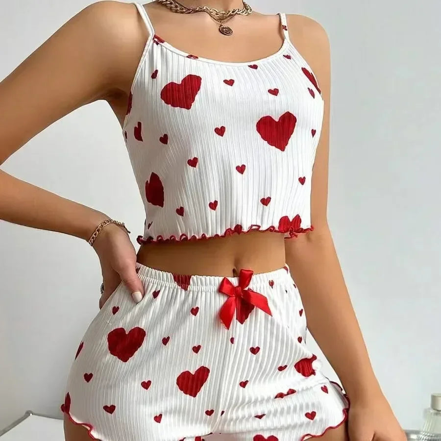 Big Heart Print Pyjama Set - Top and Shorts