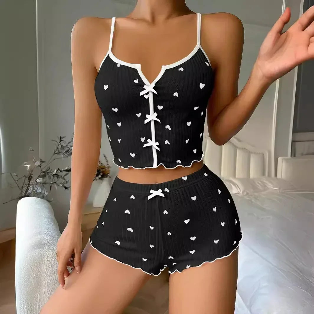 Heart Print Cute Pyjamas Set - Top and Shorts