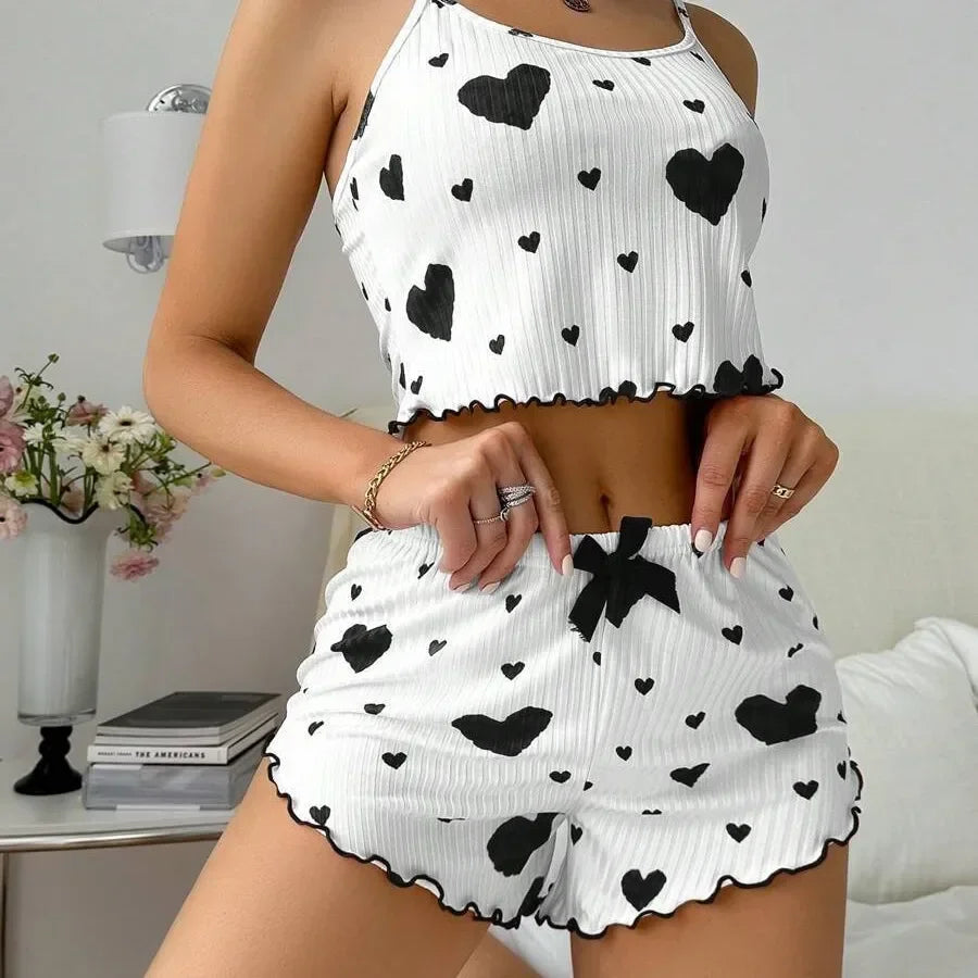 Big Heart Print Pyjama Set - Top and Shorts