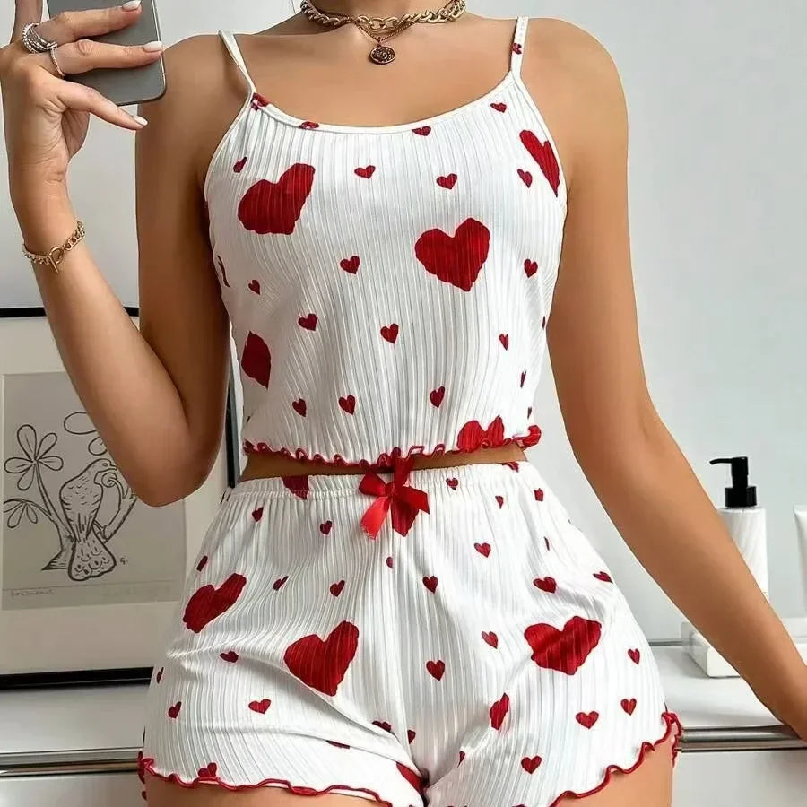 Big Heart Print Pyjama Set - Top and Shorts