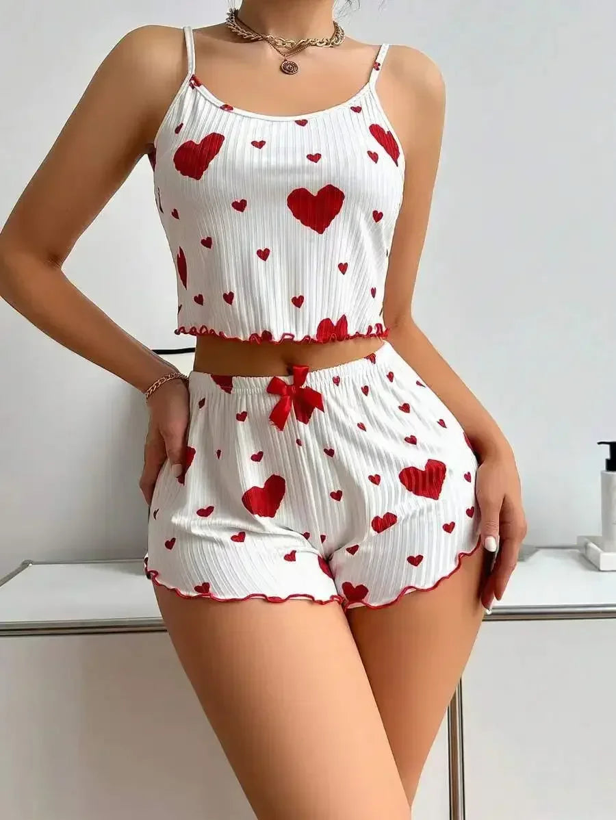 Big Heart Print Pyjama Set - Top and Shorts