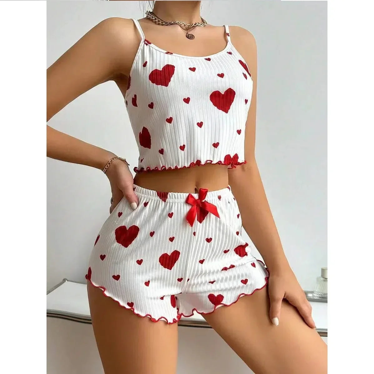 Big Heart Print Pyjama Set - Top and Shorts