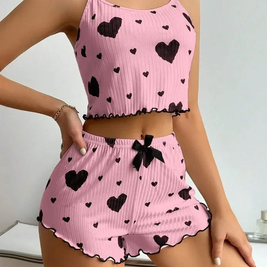 Big Heart Print Pyjama Set - Top and Shorts