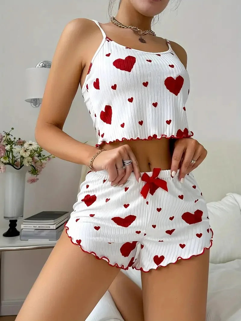 Big Heart Print Pyjama Set - Top and Shorts