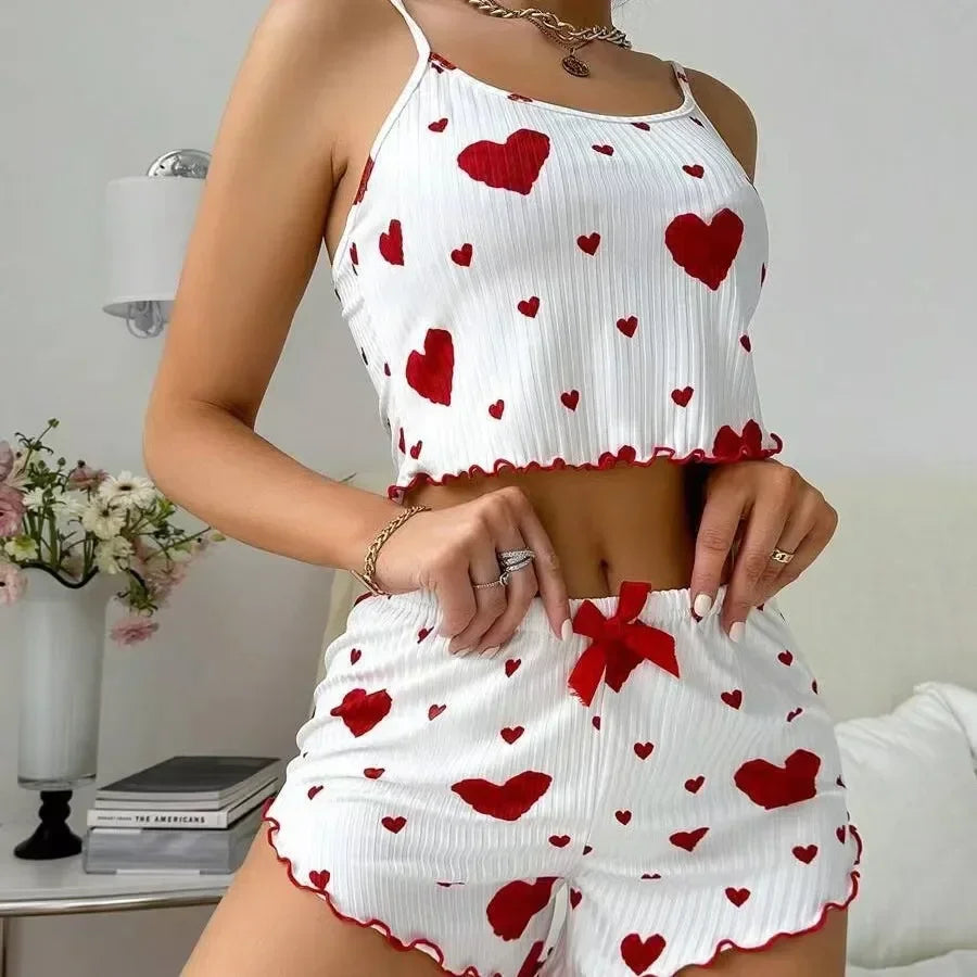 Big Heart Print Pyjama Set - Top and Shorts